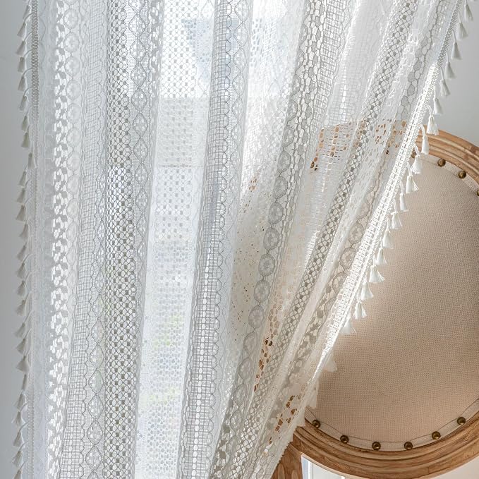 WAZZIO Boho Lace Curtains 45 Inches 2 Panel,Light Filtering Privacy Tassel & Geometry Crochet Semi Sheer Curtain Drapes for Bedroom Living Dining Room,Rod Pocket & Tassel,Victorian Decor,Off White