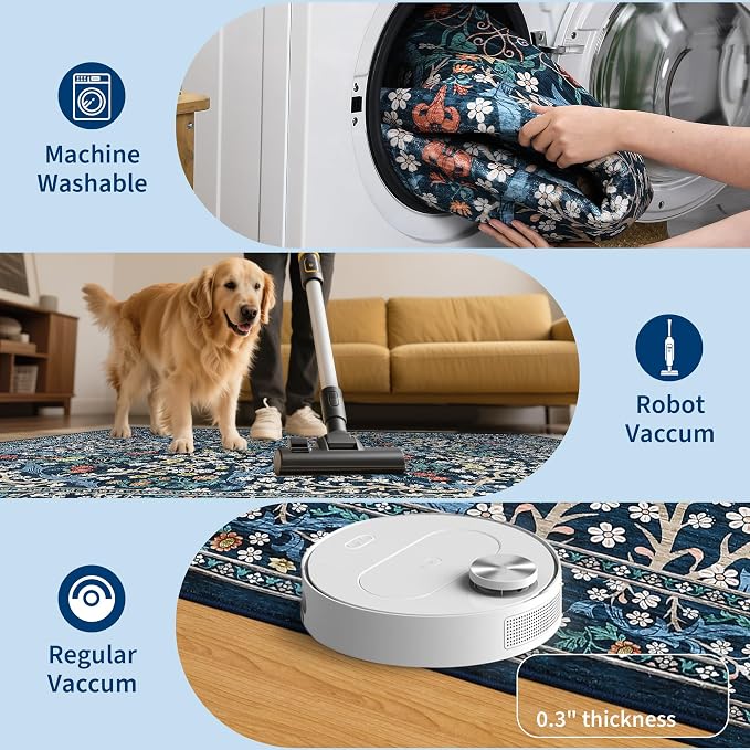 GarveeHome Floral Entryway Rug, 2x3 Washable Front Door Entry Throw Rugs Indoor, Non Slip Bathroom Small Rugs, Boho Thin Rug for Kitchen, Soft Carpet Mat for Bedroom Bathroom, Dark Blue