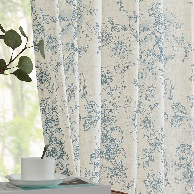 jinchan Linen Floral Curtains 84 Inch Length for Living Room Bedroom Light Filtering Farmhouse Peony Flower Drapes Rustic Window Curtain Set Rod Pocket Back Tab 2 Panels Blue