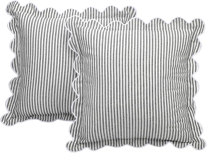 Newwiee 2 Pack Scalloped Pillow Cover 18 x 18 Inch Black Stripe Throw Pillow Cover Cotton Decorative Pillowcase for Women Men Couch Living Room Cushion Indoor Outdoor Decoration