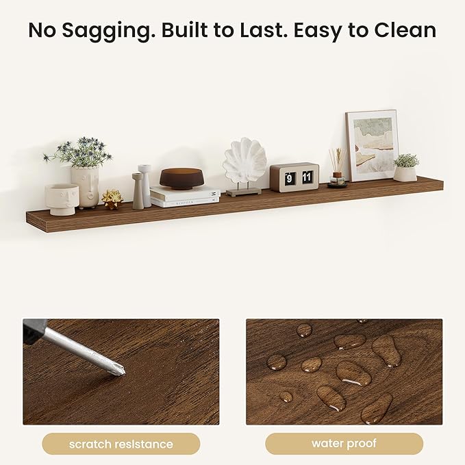 Fun Memories Floating Shelves for Wall, 72 Inch Long Set of 2 Rustic Wood Wall Shelves with Invisible Brackets, Heavy Duty Storage Display for Living Room Bedroom Kitchen, Walnut