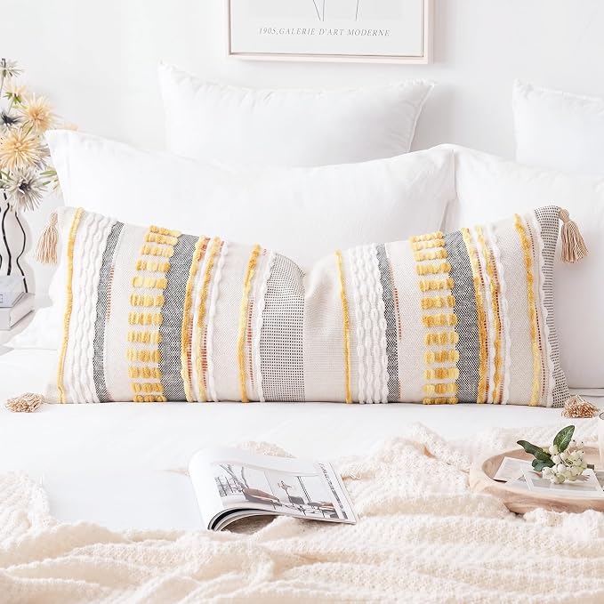 NUYECY Chenille and Cotton Long Pillow for Bed, Striped Textured Boho Lumbar Throw Pillow Cover 14x36, Neutral Accent Decorative Extra Long Body Pillow Case for Couch, Sofa, Bedroom, Yellow