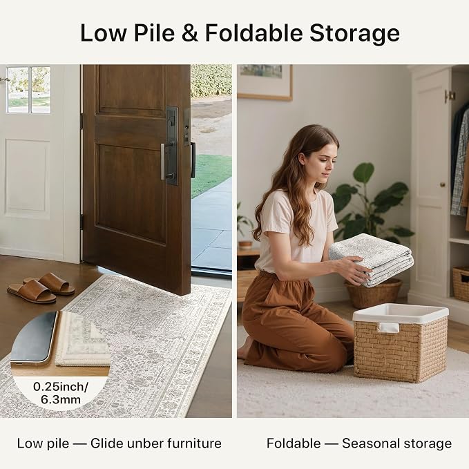 Bavni 2x8 Rug Runners for Hallways, Washable Runner Rug Non Slip,Vintage Floral Print Style Rugs for Bedroom-Lightweight Low Pile Carpet for Hallways Bathroom, Light Grey