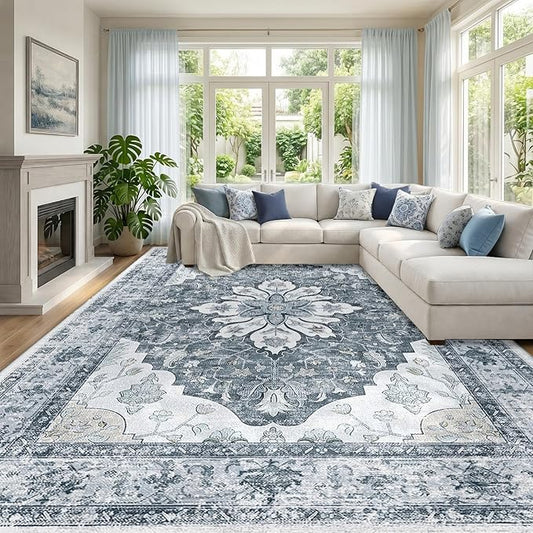 RELEANY Area Rugs Large 9'x12' Washable Non-Slip, Floral Vintage Distress Medallion Carpet for Living Room Bedroom Dining Room, Light Gray Grey White