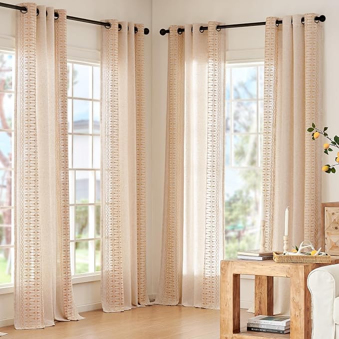jinchan Boho Curtains for Bedroom Linen Blend Boho Curtains 96 Inches Long 2 Panels Farmhouse Embroidered Drapes for Living Room Drapes Light Filtering Grommet Window Traetments Gold on Beige
