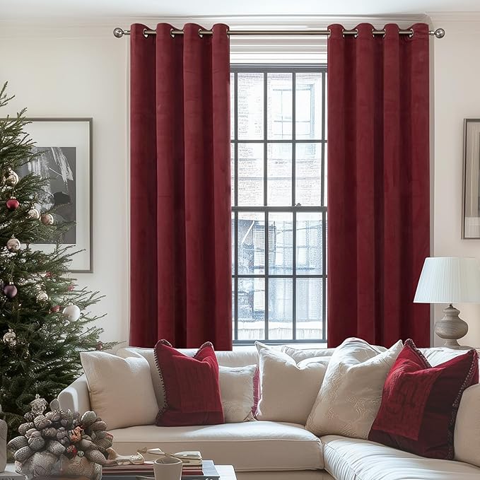 YoungsTex 96 Inch Burgundy Velvet Blackout Curtains for Living Room, Extra Long Room Darkening Drapes with Grommet Privacy for Dining Bedroom, 2 Panels, 52 X 96 Inch