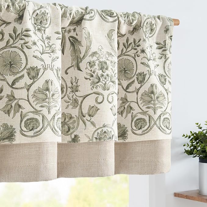 jinchan Linen Valance Kitchen Curtain for Windows Double Layer 18 Inch for Living Room Bedroom Window Treatment Light Filtering Vintage Rustic Farmhouse Cottagecore Rod Pocket 1 Panel Green on Beige