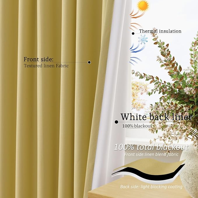 Jowels Yellow Linen Blackout Curtains 84 Length 2 Panels Set for Living Room Bedroom, 100% Black Out Thermal Insulated Linen Drapes, Room Darkening Grommet Curtains 84 Inches Long, Yellow