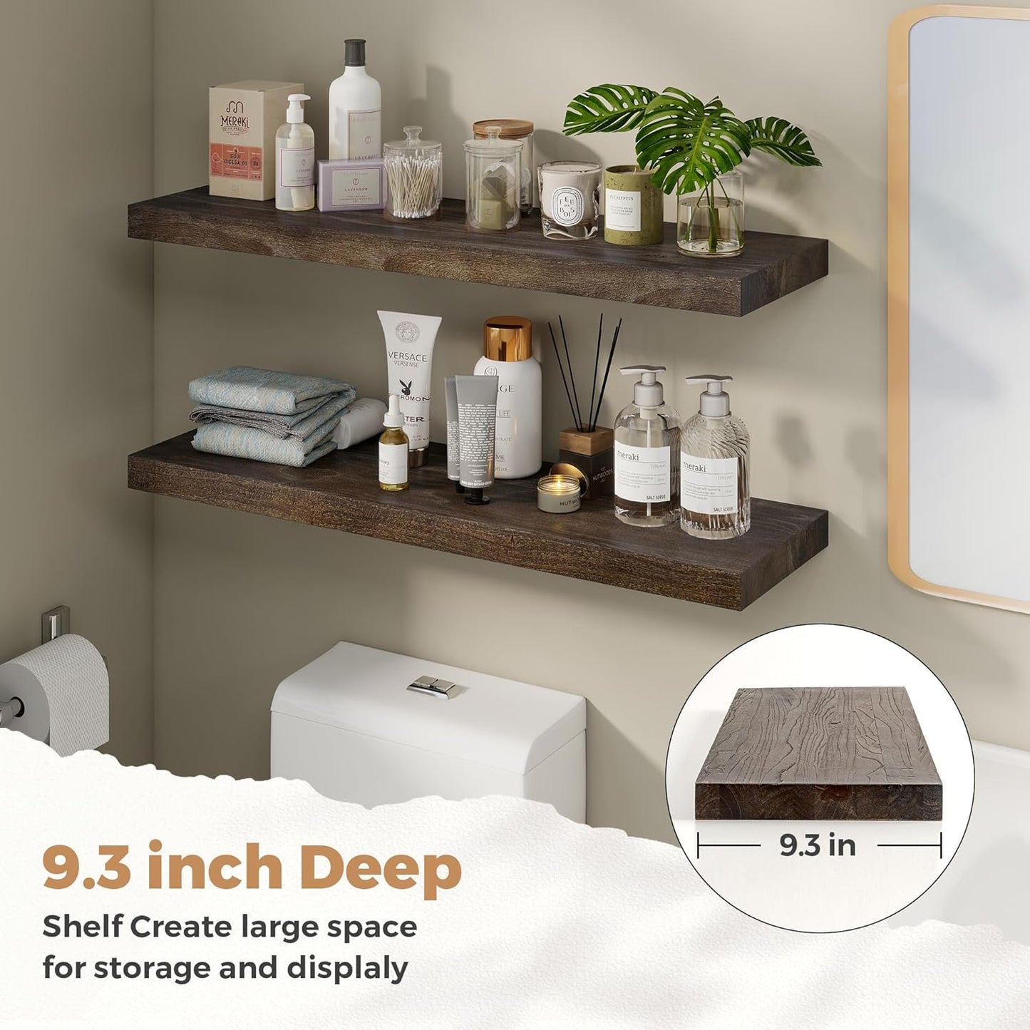 RICHFOCUS Elm Floating Shelves for Wall - 36" W x 9.3" D Rustic Solid Wood Shelves with Invisible Bracket, Wall-Mounted for Living Room, Bedroom, Kitchen Storage & Display, Set of 2, Walnut