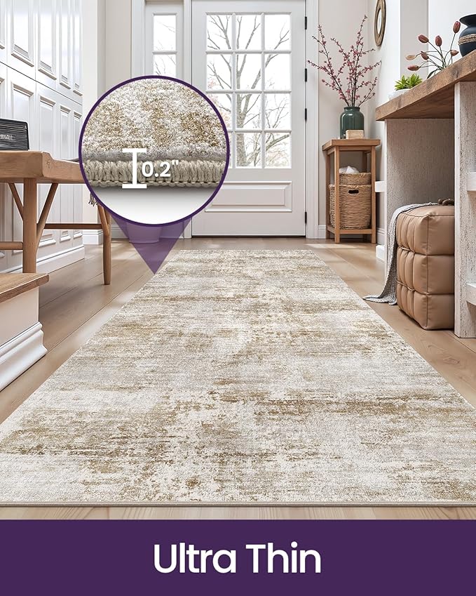 DEXI Hallway Runner Rug Washable 2'8''x7', Modern Abstract Soft Thin Hallways Runner with Non Slip Backing, Low Pile Entryway Floor Rug, Stain Resistant Carpet for Bedroom Living Room, Khaki