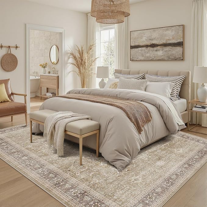 DCX Beige and Taupe 8x10 Rug, Kid & Pet Friendly with Rubber Back Non Slip, Machine Washable Stain Resistant Vintage Traditional Distressed Carpet, Rug for Living Room, Bedroom, Neutral Home Decor