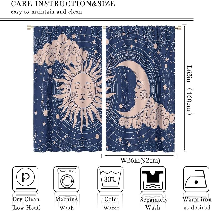 Sun Moon Blackout Windows Curtains, Boho Celestial Bodies Gold Sun Moon and Stars Pattern Window Drapes, for Living Room Bedroom 72x63in 2 Panels