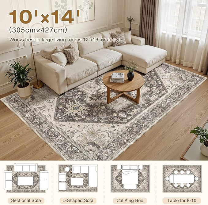10x14 Area Rugs for Living Room - Large Carpet Ultra Thin Soft Washable Oriental Vintage Floral Distressed Big Indoor Carpets for Bedroom Nursery Dorm Home Decor Aesthetic - Dark Brown