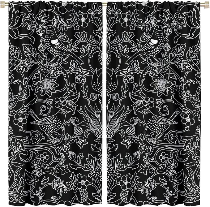 Bohemia William Morris Art Blackout Window Curtains, Vintage Flowers and Birds Dark Magic Forest Background, for Living Room Bedroom 31.5(W)*72(L) 2 Panels