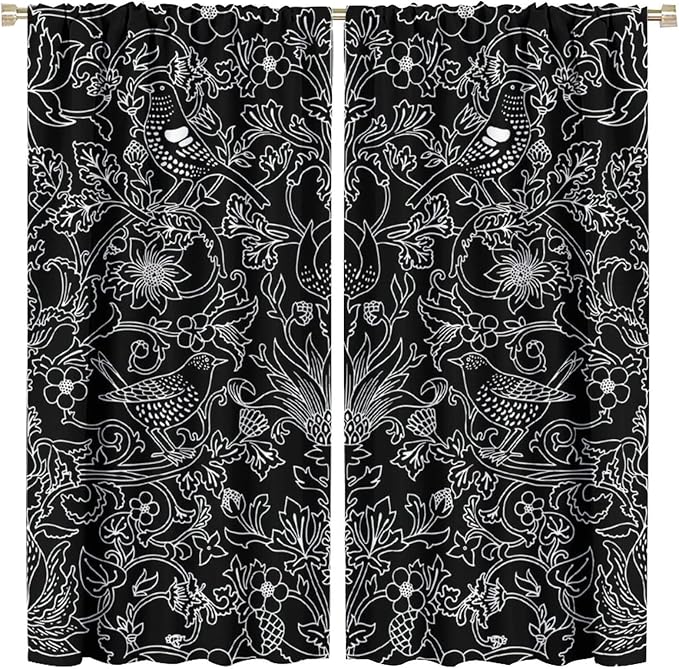 Bohemia William Morris Art Blackout Window Curtains, Vintage Flowers and Birds Dark Magic Forest Background, for Living Room Bedroom 31.5(W)*63(L) 2 Panels