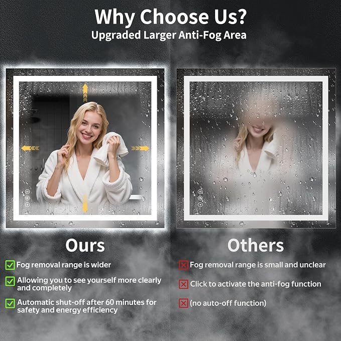 47"x47" LED Bathroom Mirror with Lights, Backlit + Front Lit with CRI>90, Lighted Mirror for Bathroom, Anti-Fog, Dimmable Brightness, 3 Colors, Memory Function, Shatterproof Tempered Glass