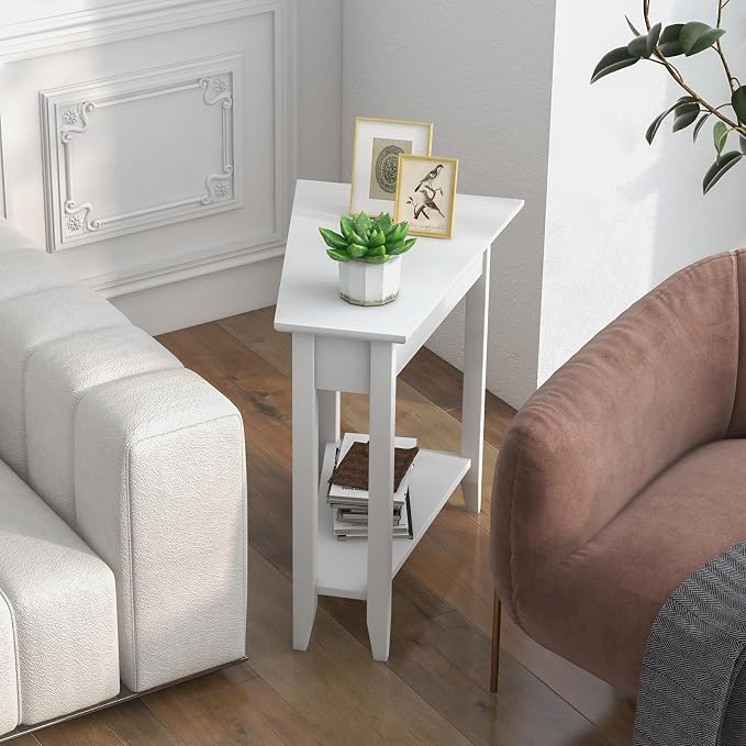 Giantex White Wedge End Table Set of 2, Triangle Side Table with Storage Shelf and Solid Wood Legs, Recliner Table, 24.5" Tall Nightstand, Modern Narrow Accent Table for Small Space Living Room