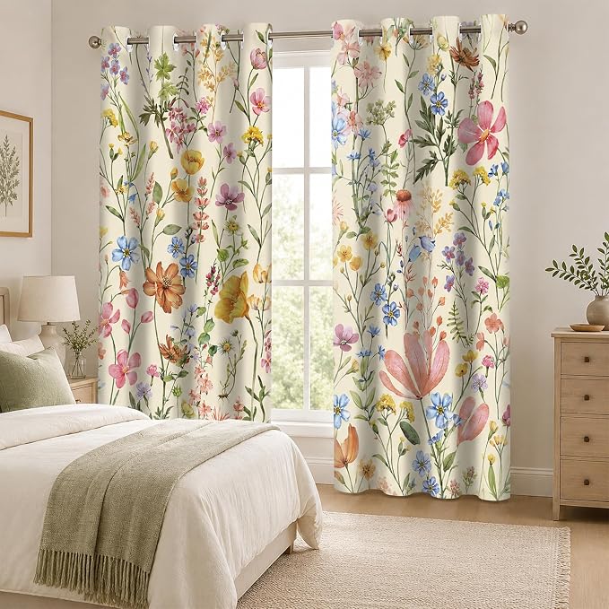 Floral Blackout Curtain, Colorful Wildflower Vintage Botanical Aesthetic Window Curtains Living Room Bedroom Decor Darkening Window Drapes Treatments, 2 Panels 52x84 Inch