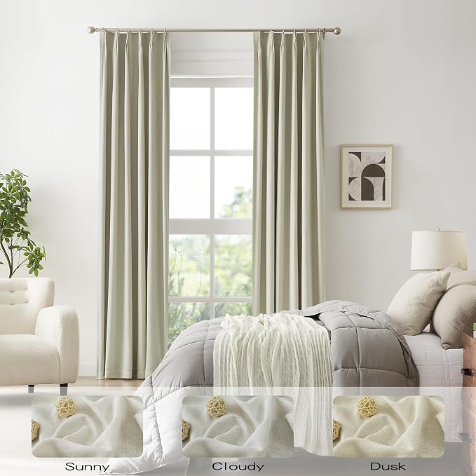 DUALIFE Pinch Pleated Window Draperies Curtain Panels 144 Inches Long for Tall Living Room 12FT, Linen Blackout Thermal Track Curtainswith Hooks 2 PCs-Natural Cream Beige,40x144