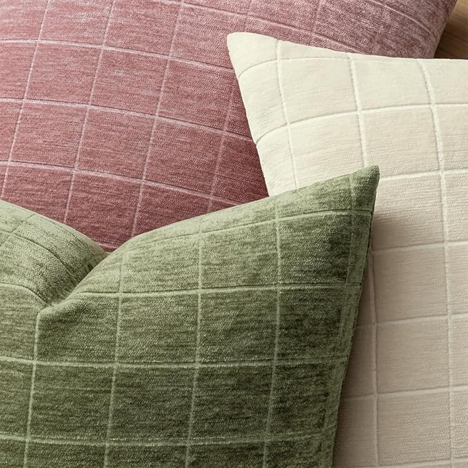 MIULEE Sage Green Plaid Decorative Throw Pillow Covers 20x20 Set of 2 | Vintage Check Chenille Couch Pillows Neutral Boho Farmhouse Cushion Covers Modern Home Decor for Sofa Bed Living Room