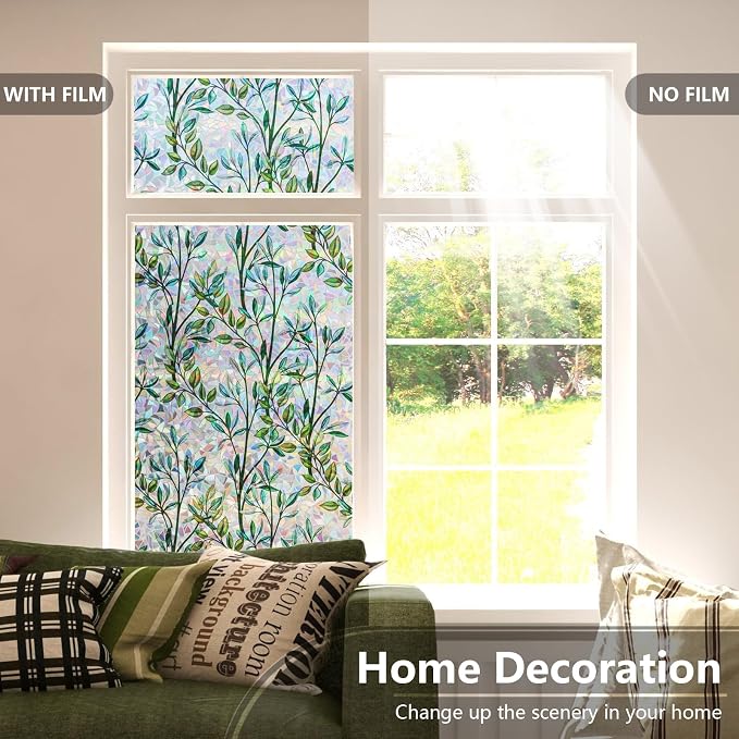 LEMON CLOUD Window Privacy Film Static Clings Decorative Leaf Rainbow Window Sticker Non-Adhesive Decals for Glass with Tools,35.4 x 157.4 Inch
