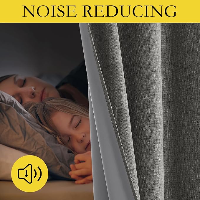 NICETOWN Grizzle Gray Vintage Linen 100% Blackout Curtains for Living Room, Thermal Insulated Curtains 72" Long, Noise Reducing Window Treatment Drapes for Hall Room, 52" Wide Per Panel, Set of 2