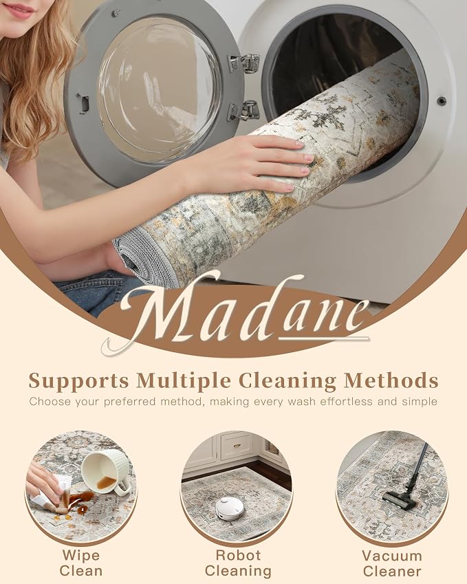 Madane Hallway Runner Rug 2x5 Washable Entry Rugs Soft, Light Taupe Brown | Vintage Printed Low-Pile Kitchen Runners, Non-Slip Low-Pile Stain-Resistant Throw Carpet for Bedroom Entrance Laundry Room