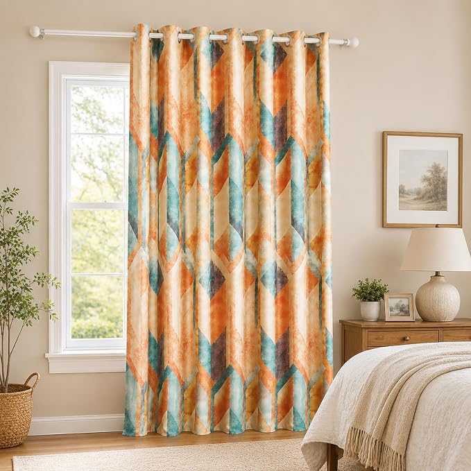 Leeva 50% Room Darkening Curtain, Extra Wide Orange Drape for Living Room 84 Inch Wide 1 Piece, Linen Textured Geometric Window Curtain for Home Office with Grommet