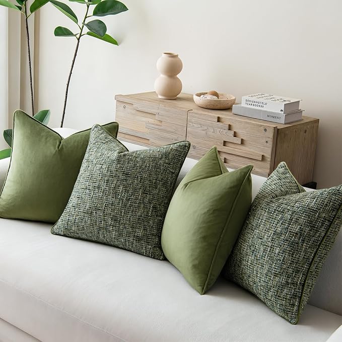 a moment Dark Green 4 Pack Throw Pillow Covers - Chenille & Velvet Set with Piping, Farmhouse Textured Design Pillow Cases for Couch Sofa Bed Livingroom (22x22 Inch, No Insert)