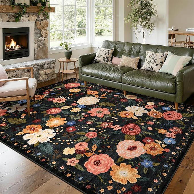 6x9 Washable Area Rug for Living Room, Floral Non-Slip Non-Shedding & Easy Care, Soft Low Pile Vintage Indoor Floor Carpet for Living Room, Bedroom, Farmhouse, Dining Room, Kids Playroom, Black