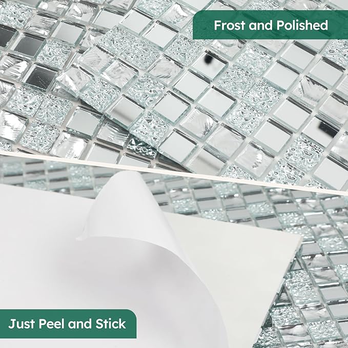 Diflart Peel and Stick Mirror Glass Mosaic Tile Crystal Square Frosted Backsplash for Kitchen Bathroom Wall Pack of 6 Sheets