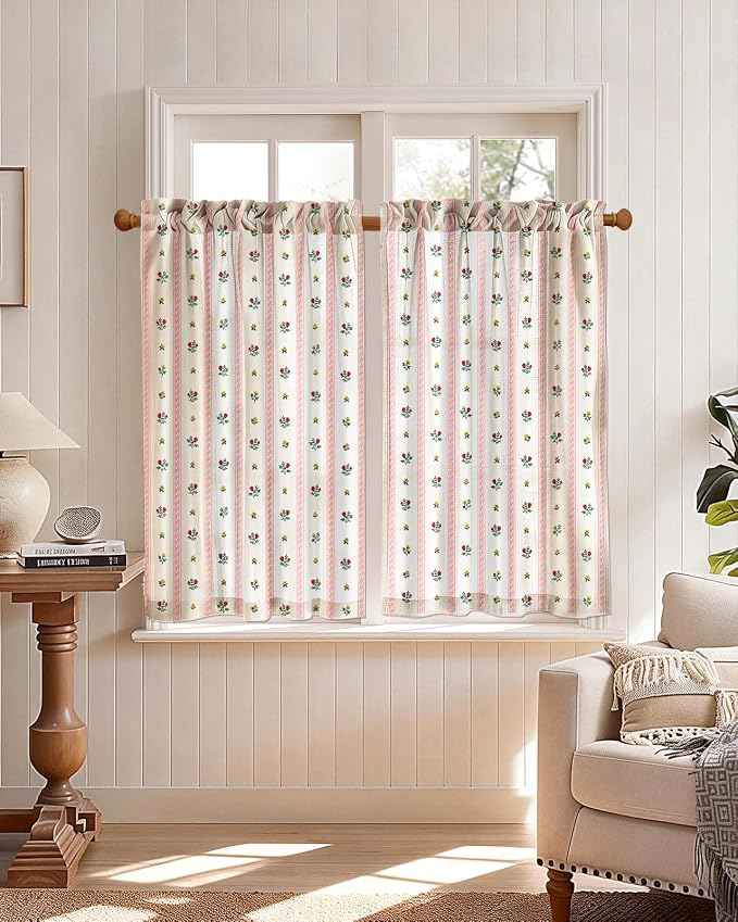 Miss Adola Farmhouse Kitchen Tier Curtains - 36 Inch Length Linen Blend Boho Floral Cafe Curtains Stripe Small Window Treatments Over Sink Rod Pocket for Bathroom Living Room Light Filtering, 2 Panels
