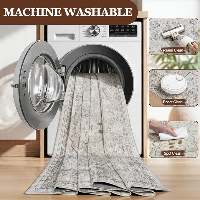 6x9 Area Rugs for Living Room:Beige Washable Vintage Medallion Carpet Non-Slip Soft Low Pile Large Rugs Indoor Retro Rug for Bedroom Nursery Dining Table Office Home(Beige White, 6'x9')