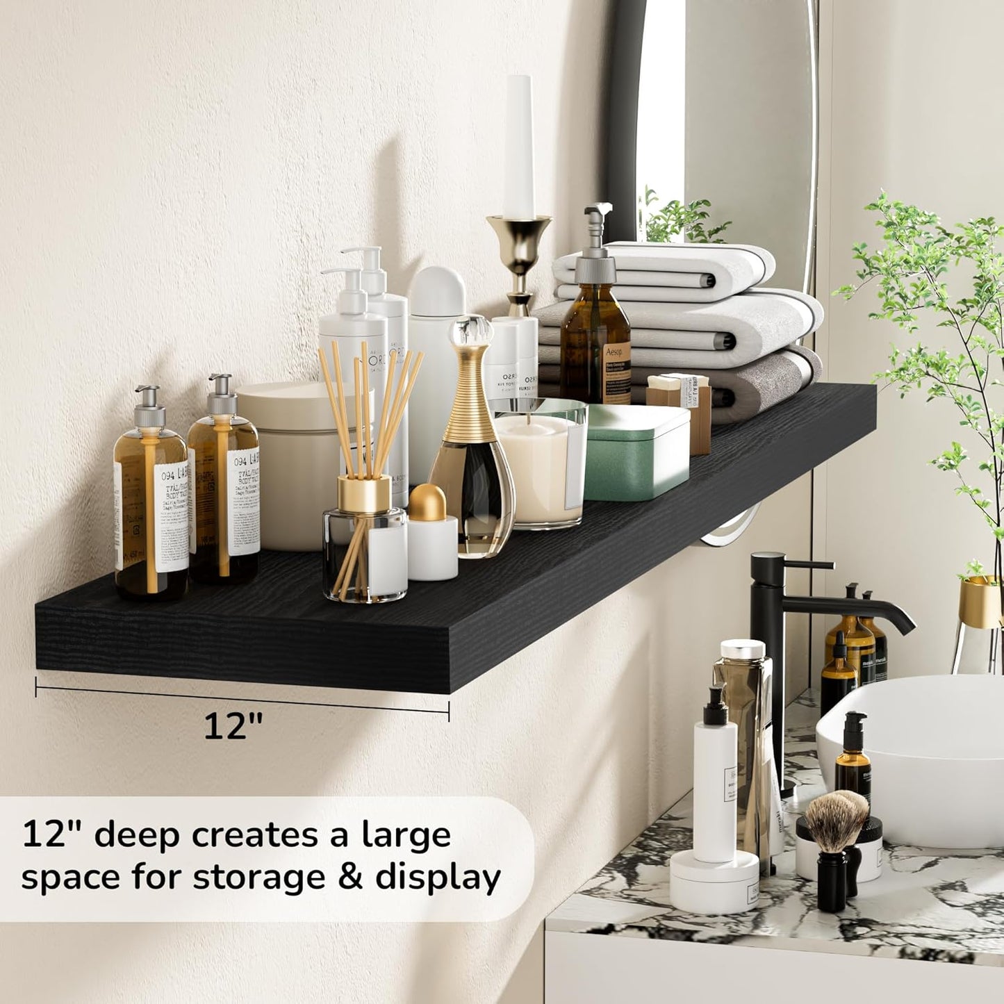 Fun Memories Floating Shelves - 12 Inch Rustic Wooden Wall Shelves - Extra Deeper & Thicker Wall Mounted Storage Shelf for Living Room, Kitchen, Farmhouse - 55" W x 12" D x 1.8" H - Rustic Black