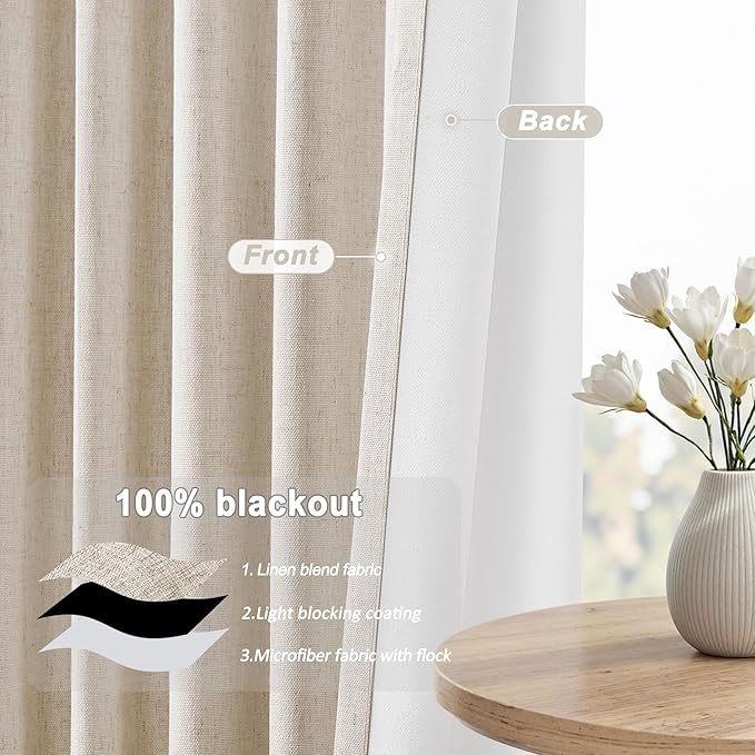 UHITECH Linen Blackout Curtains 102 Inch Long 2 Panels Set Thermal Living Room Black Out Curtains for Bedroom Nursery Modern Farmhouse Darkening Drapes for Windows