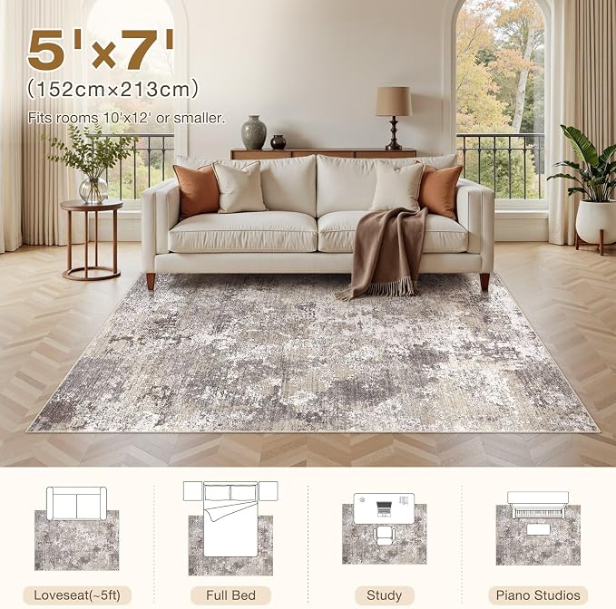 Area Rugs 5x7 Living Room: Washable Large Abstract Modern Neutral Soft Rug Stain Resistant Non-Slip Backing Carpet for Bedroom Dining Room Indoor Nursery Dorm Home Office Decor - Light Brown