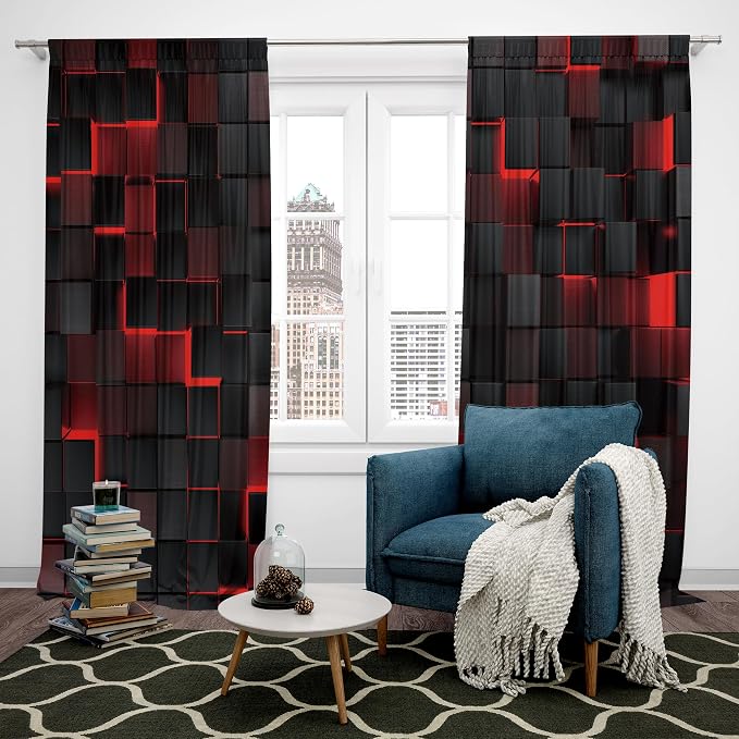 MESHELLY Abstract Red Black Curtains 52Wx84H Inch Rod Pocket Modern 3D Gradient Design Futuristic Geometric Cubes Bedroom Window Drapes Man Boys Printed Living Room Window Treatment Fabric 2 Panels