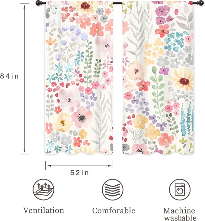 Riyidecor Colorful Floral Curtains Pink Wildflower Cute Boho Flower Plant Leaves Botanical Trendy Rod Pocket Pretty Aesthetic for Girls Bedroom Living Room Treatment Fabric 2 Panels 52Wx84H Inch