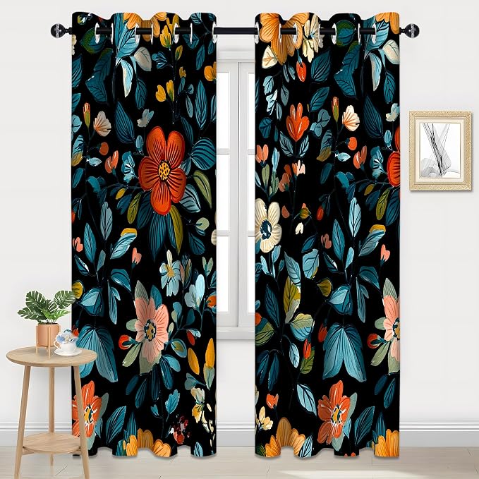 iTapnoom Black Blue Leaves Floral Blackout Curtain, Flowers Aesthetic Art Curtains Darkening Thermal Insulated Grommet Window Drapes for Living Room Bedroom Decor 2 Panels 52x84 Inches