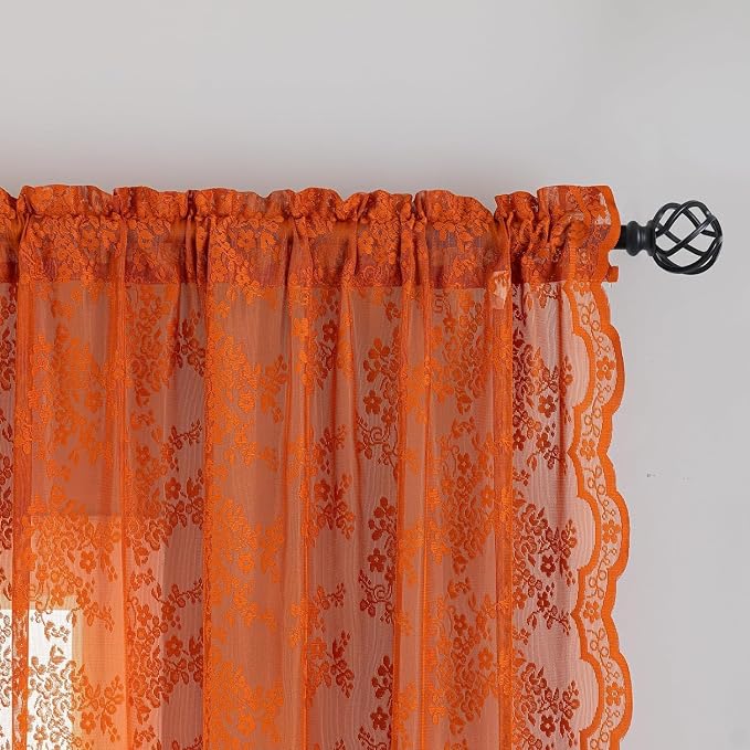 YJ YANJUN Lace Curtains 80 Inches Long, Burnt Orange Sheer Curtain Panels | Rustic Bohemian Floral Pattern, Light Filtering, Boho Autumn Fall Decor for Living Room Bedroom Closet, 2 Panels 52W x 80L