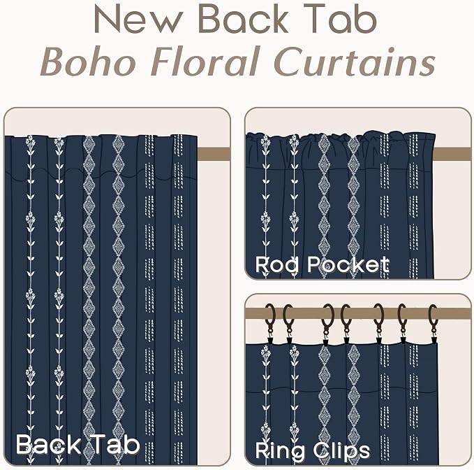 Navy Blue and White Patterned Curtains,Floral Boho Striped Print Farmhouse Winter Pattern Curtains for Living Room Bedroom 84 Inch Length