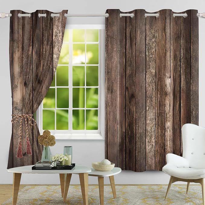 Rustic Old Brown Window Curtains Vintage Wood Barn Door Curtains Retro Wood Planks American Rustic Rural Garage Door Drapes Door Native Farmhouse Decor Window Treatments,53x84 inch,2 Panels
