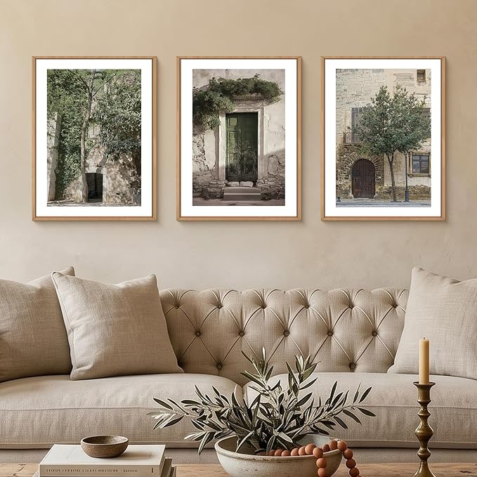 HOURIA Vintage Italy City Landscape Framed Canvas Wall Art Set,Sage Green Olive Tree Old House Wall Decor,Modern Mediterranean Country Cityscape Artwork for Living Room,Bedroom,Farmhouse-12 x16 x3