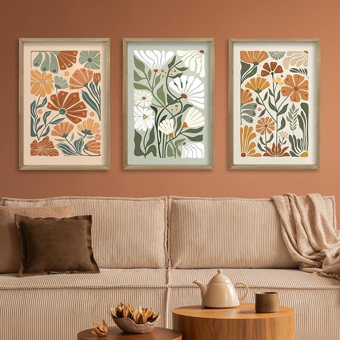 Wildflower Floral Green Botanical Wall Art Print 16"x11" Set of 3 flower Illustrations Minimalist Modern Boho Sign Wood Framed for Living Room Bedroom Office Abstract Wall Hang Decor (Wood)