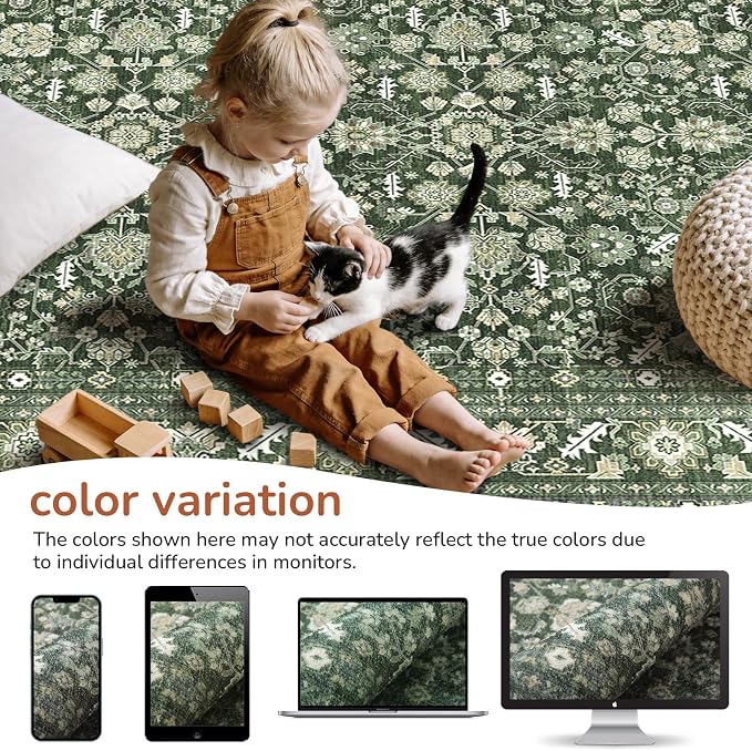 OPPODREAM Low-Pile Area Rugs, Faux Wool Carpet for Living Room, Kitchen, Office, Dorm, Bedroom, Vintage Washable Rug Non Slip, Dark Green, 3'x6'
