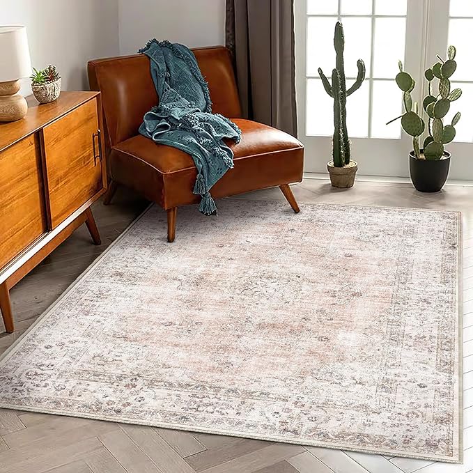 CHAMPLANT Washable Area Rug 4'x6' Vintage Traditional Floor Cover Foldable Thin Rugs Retro Kitchen Indoor Distressed Non Slip Carpet Floral Print Mat Bedroom Living Room
