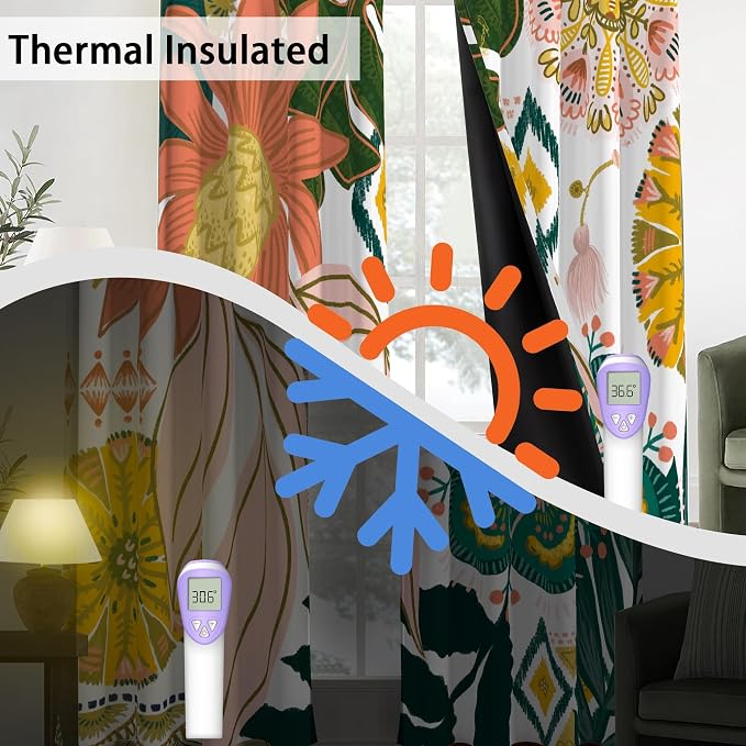 Tyrot 100% Blackout Boho Floral Curtains 108 Inches Extra Long for Bedroom Mid Century Modern Botanical Black Out Curtains Room Darkening Grommet Top Thermal Insulated Window Drapes 2 Panels,52Wx108L