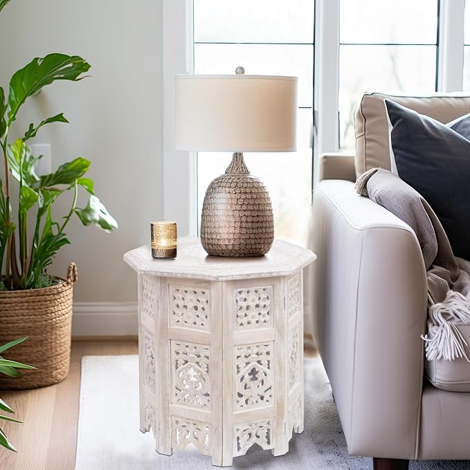 COTTON CRAFT Solid Wood End Table - Hand Carved Vintage Boho Folding Side Table - Small Spaces Entryway Accent Table - Farmhouse Living Room Bedside - No Tools Assembly - 18x18 Octagon - White Wash