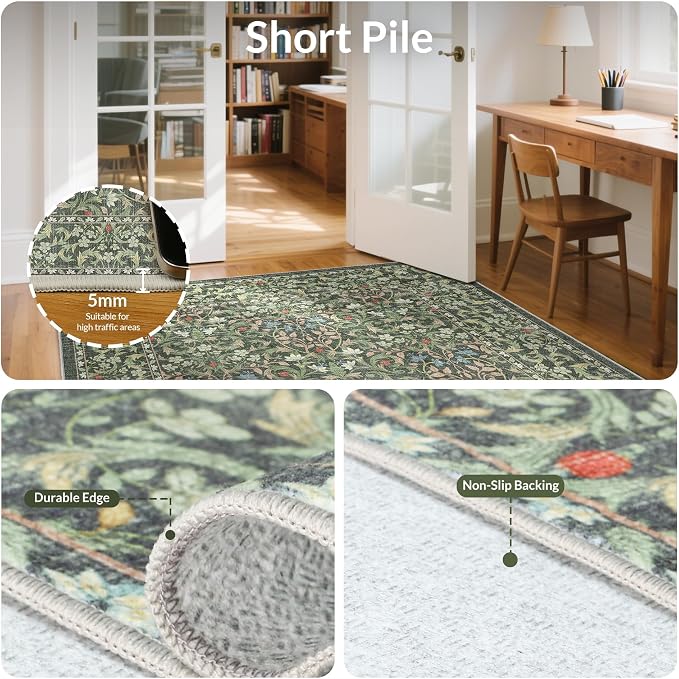 GENIMO 2.5x10 Washable Long Runner Rug, Non Slip Hallway Mat, Emerald Green | Vintage Boho Floral Low Pile Thin Mat for Entryway, Kitchen, Bedroom, Indoor Decor