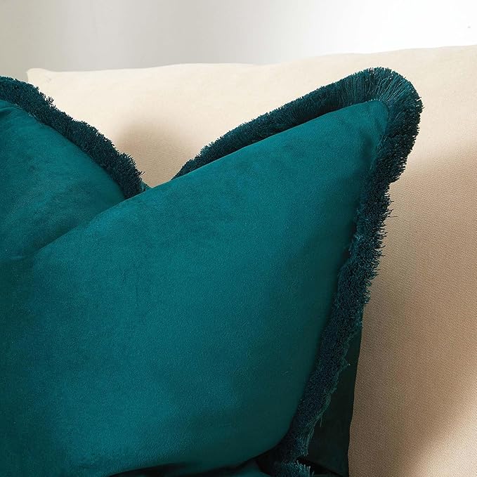 JUSPURBET Peacock Blue Velvet Throw Pillow Covers 24x24 Inch Set of 2 with Soft Tassel Fringe Luxury Boho Pillowcase for Sofa Couch Bed Home Decor Machine Washable